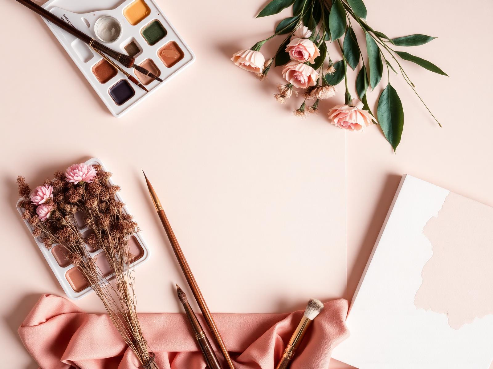 Artistic workspace with brushes and blush pink flowers